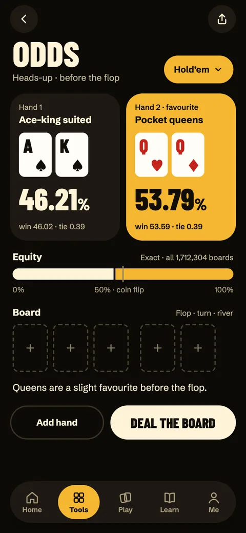 The app's odds calculator: ace-king suited against pocket queens, counted over every board